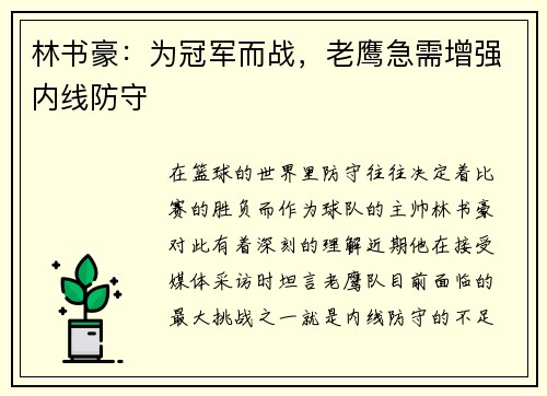 林书豪：为冠军而战，老鹰急需增强内线防守