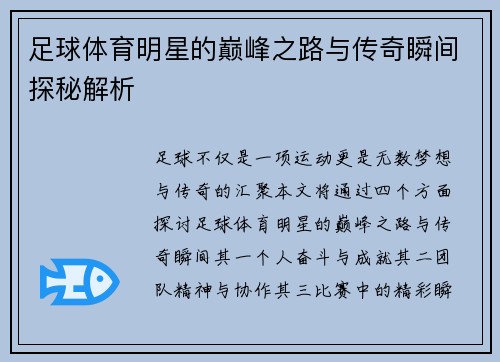 足球体育明星的巅峰之路与传奇瞬间探秘解析