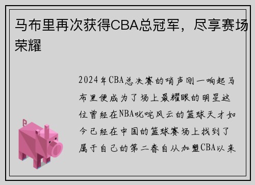 马布里再次获得CBA总冠军，尽享赛场荣耀